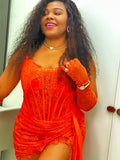 Strapless Ruched Corset Mini Dress with Gloves / Orange
