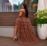 Chocolate Off-the-Shoulder Lace Corset High-Low Layered Tulle Gown