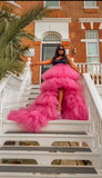 Fuchsia Asymmetric Couture Tulle Skirt with Extended Train