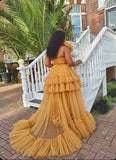 One-Shoulder High-Low Tulle Top & Satin Pants Set - Gold