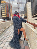 Jet Black Asymmetric Tiered Tulle Statement Coat with Train
