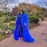Blue Asymmetric Tiered Tulle Statement Coat with Train