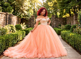 A woman stands on a stone path in a garden wearing a voluminous lush skirt in soft peach pink. The skirt is a flowy maxi tulle skirt with a long train