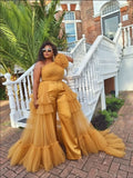 One-Shoulder High-Low Tulle Top & Satin Pants Set - Gold