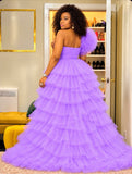 voluminous lavender-purple strapless tulle ball gown with a ruffle one-shoulder detail