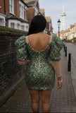 Emerald Green Sequin Sweetheart Neck Mini Dress with Sheer Sleeves