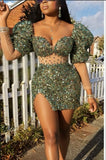 Emerald Green Sequin Sweetheart Neck Mini Dress with Sheer Sleeves