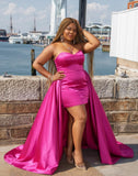 Hot Pink Satin Strapless Mini Dress with Detachable Overskirt Train